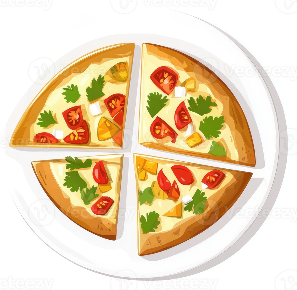 Four slices of diverse pizza on a white plate. png