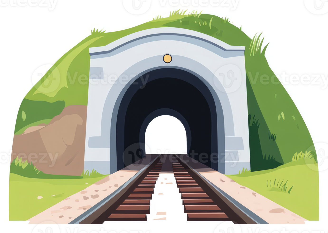 A stone arch railway tunnel through a grassy hill. png