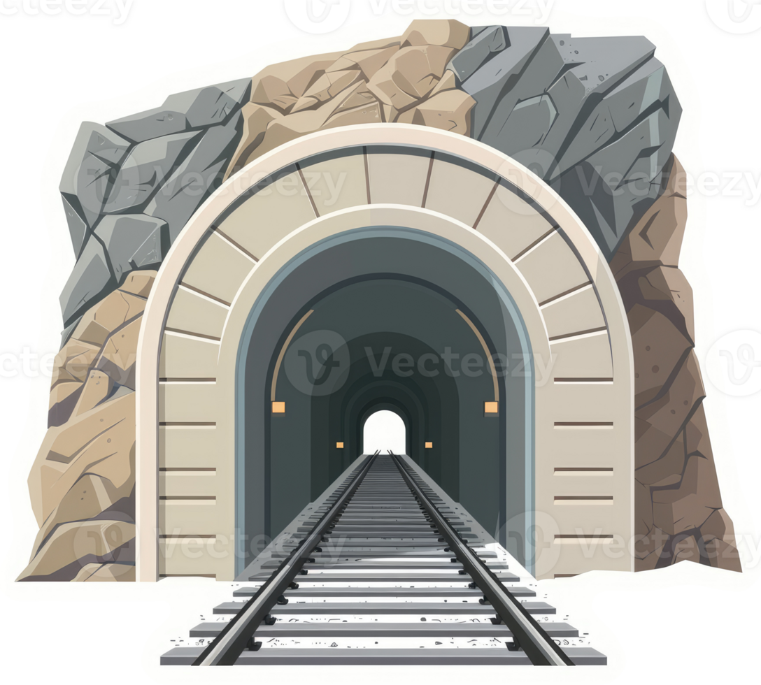 A well-lit railway tunnel, carved through a rocky mountainside. png