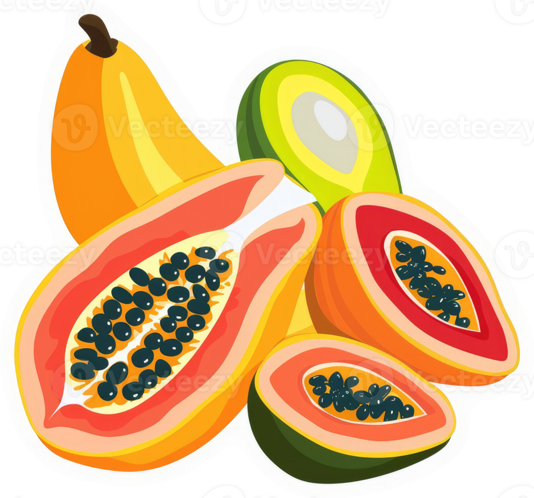 A colorful display of sliced papaya and avocado. png
