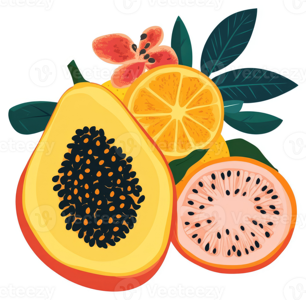 A vibrant display of tropical fruits, including papaya, orange, and grapefruit. png