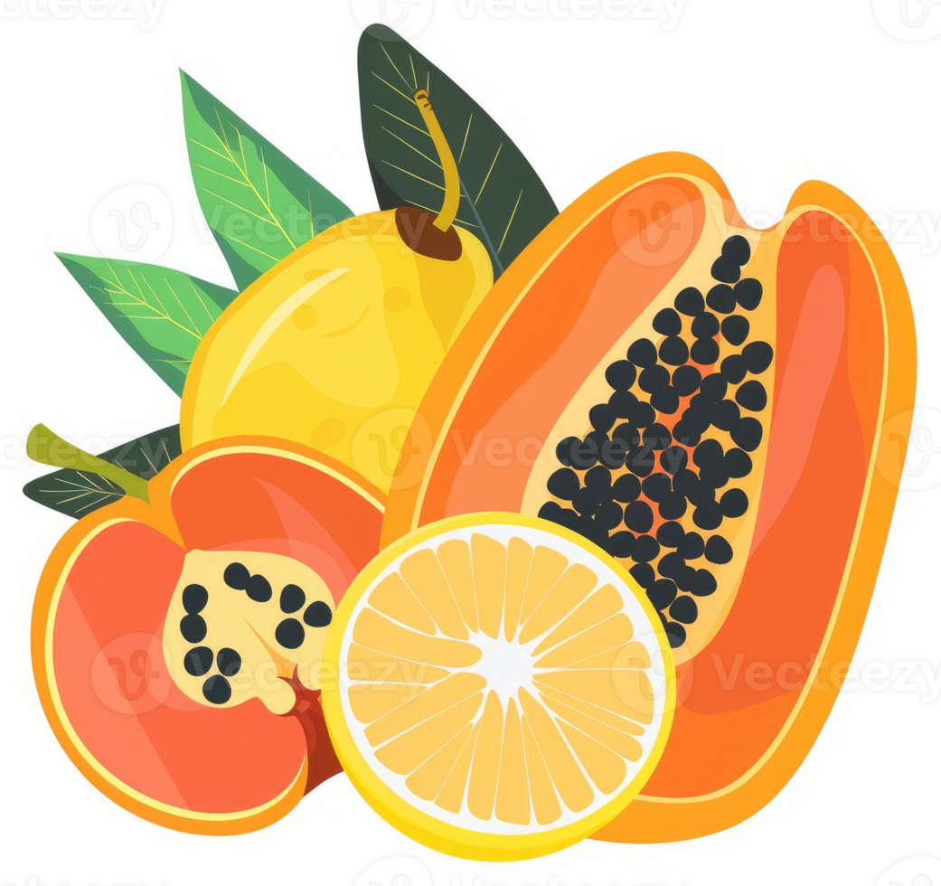 A vibrant display of tropical fruits, including papaya, guava, and a lemon slice. png