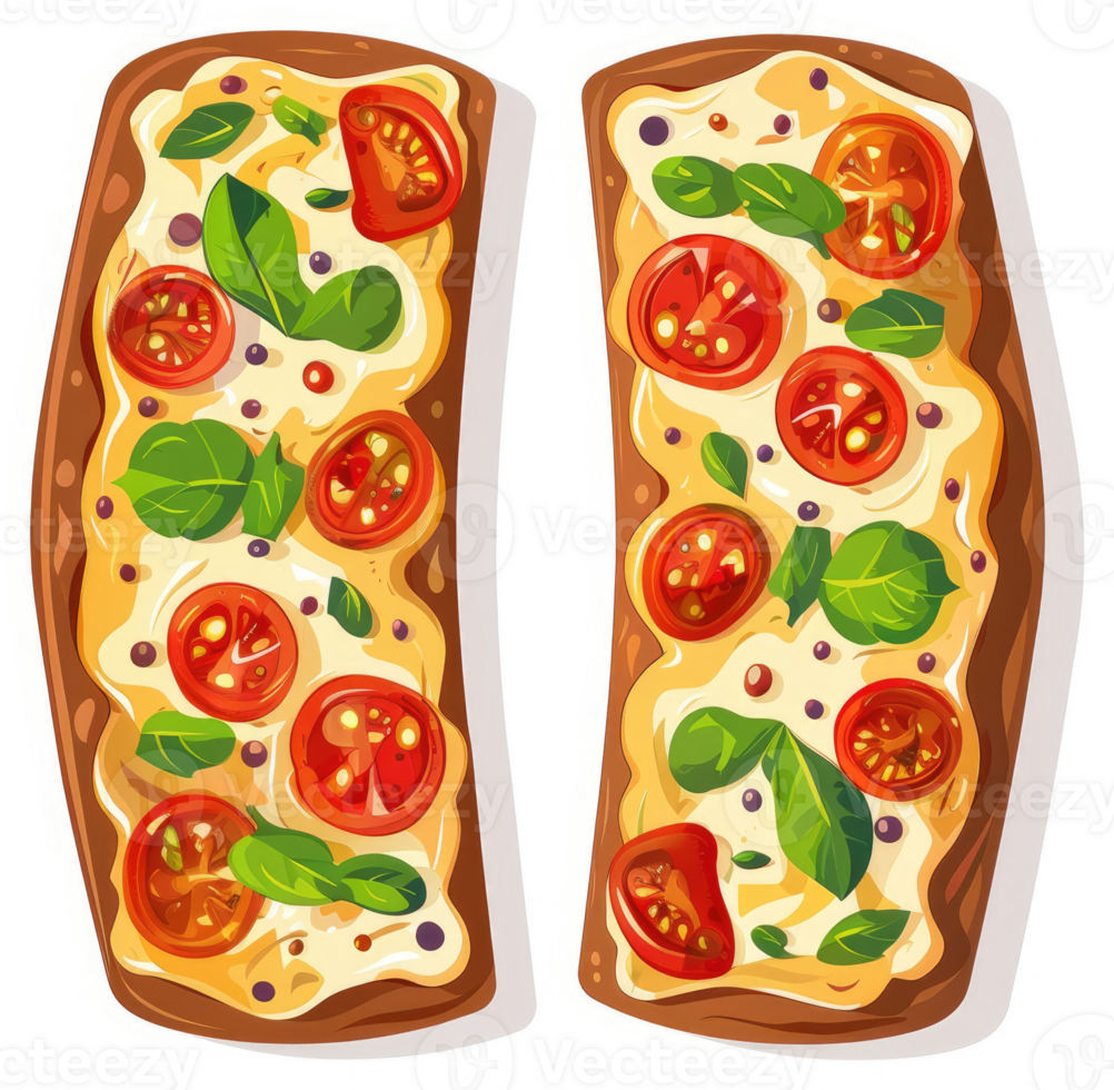 Two slices of pizza-topped bread with tomatoes, basil, and cheese. png