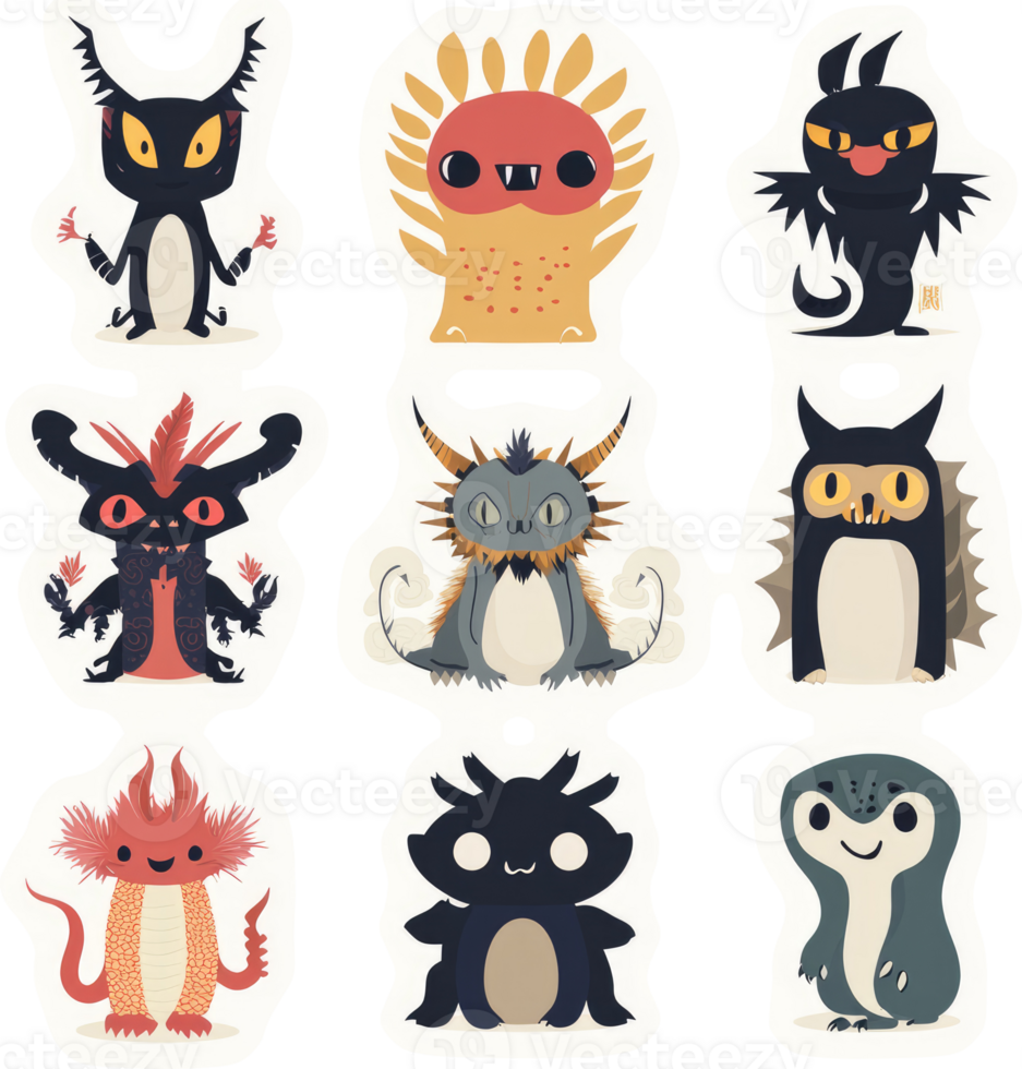 Eight whimsical creatures in a grid pattern. png