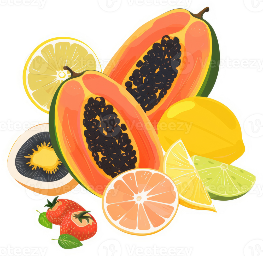 A vibrant display of tropical fruits, including papaya, lemon, lime, orange, and kiwi. png