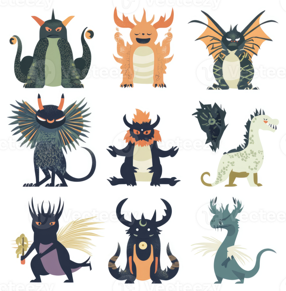 Nine whimsical fantasy creatures in a grid pattern. png