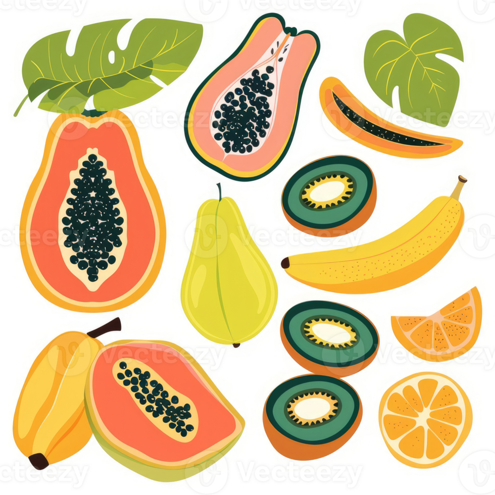 A vibrant collection of tropical fruits, including papaya, bananas, kiwi, and orange. png
