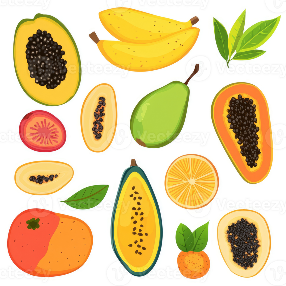 A colorful assortment of tropical fruits and citrus. png