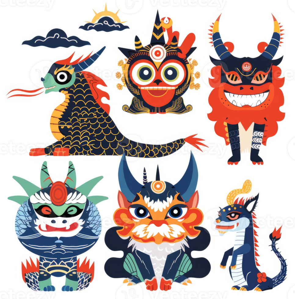 Colorful mythical creatures inspired by asian art. png