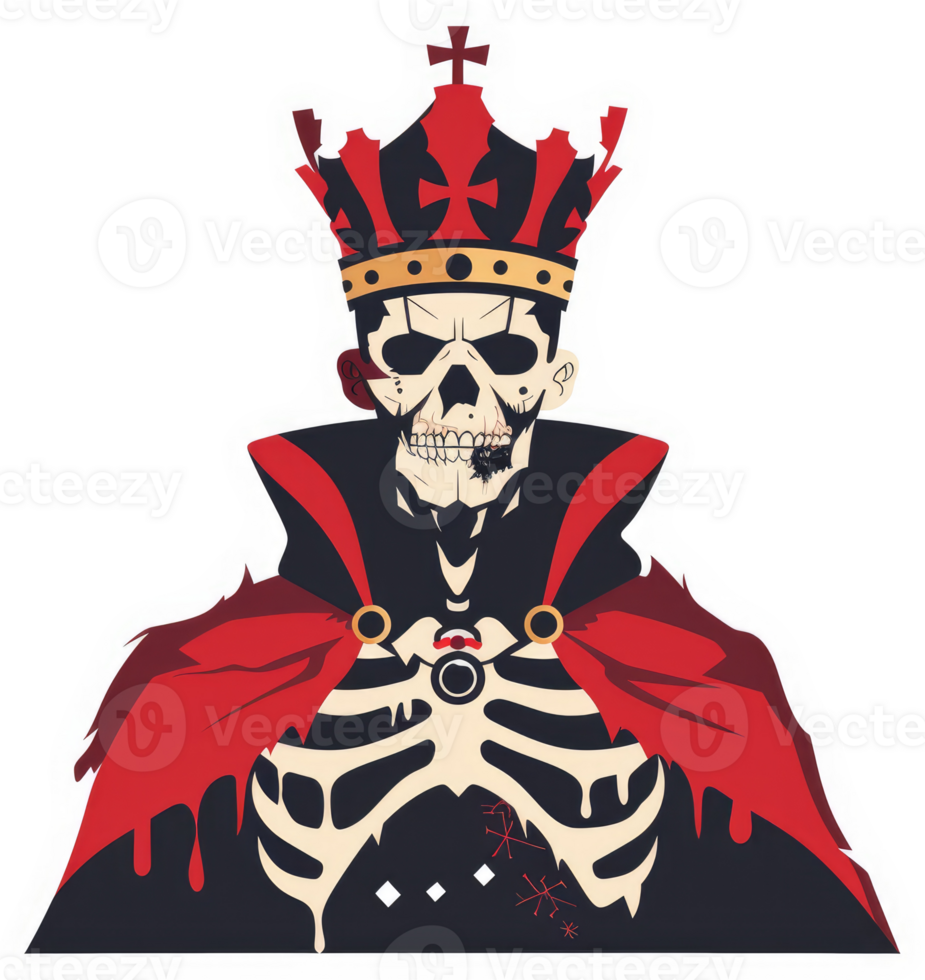 A regal skeleton king in a crimson cloak, adorned with a crown and skeletal features. png
