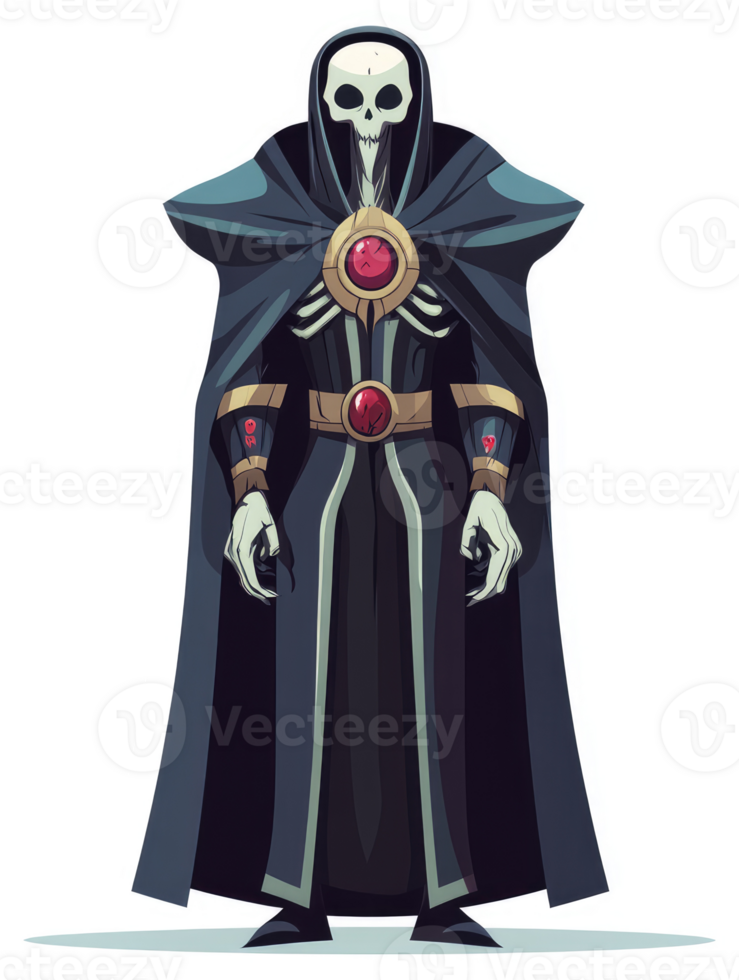 A skeletal figure in dark robes, adorned with ornate gems, stands in a full-body illustration. png