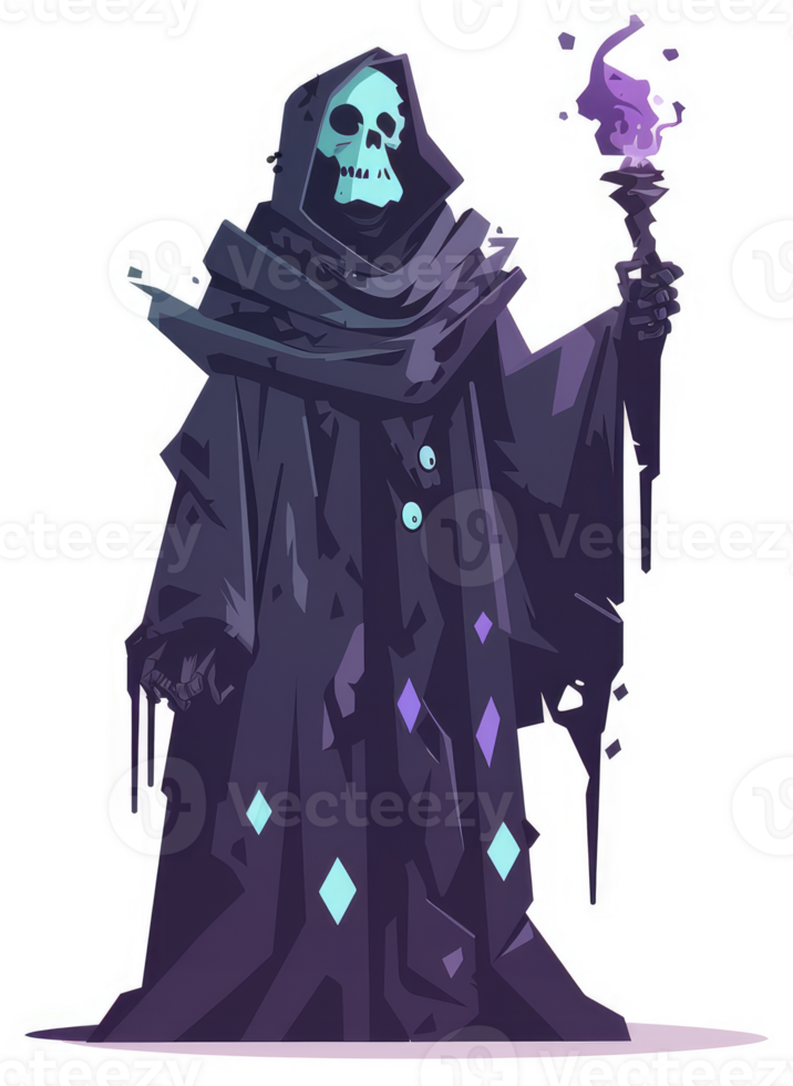 A spectral figure in a dark cloak, holding a glowing torch. png