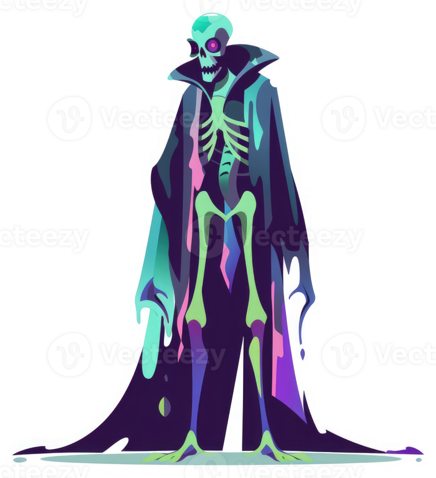 A spectral skeleton in a dripping, vibrant cloak. png