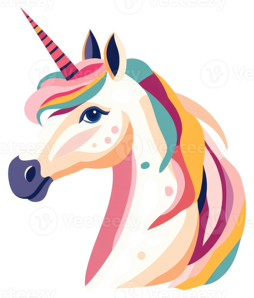 A colorful illustration of a whimsical unicorn head. png
