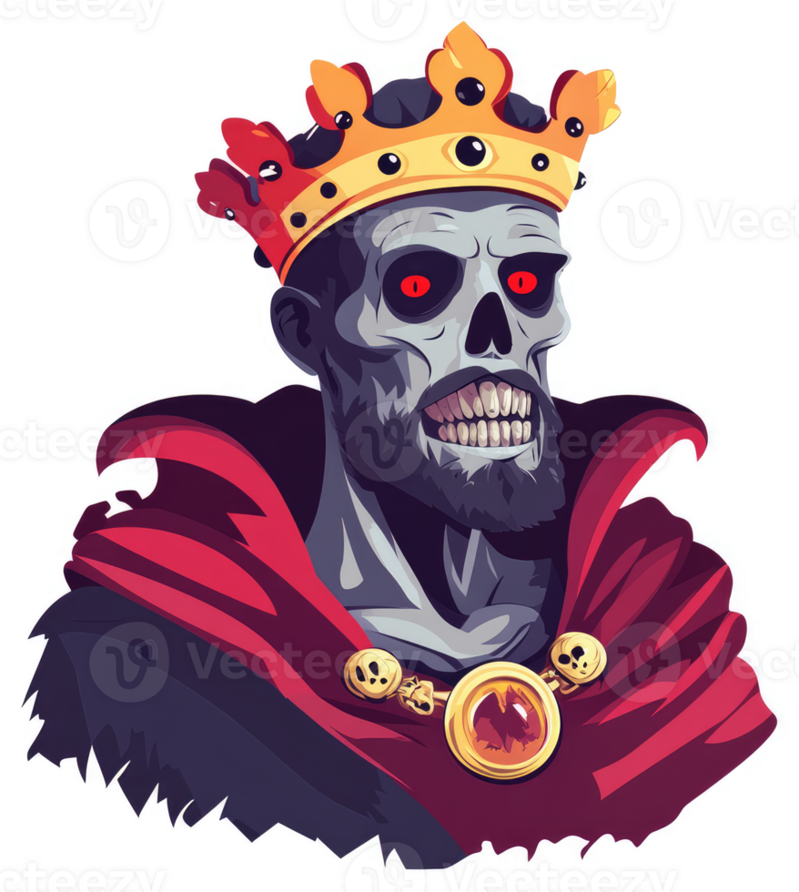 A depiction of a regal, undead king wearing a golden crown. png