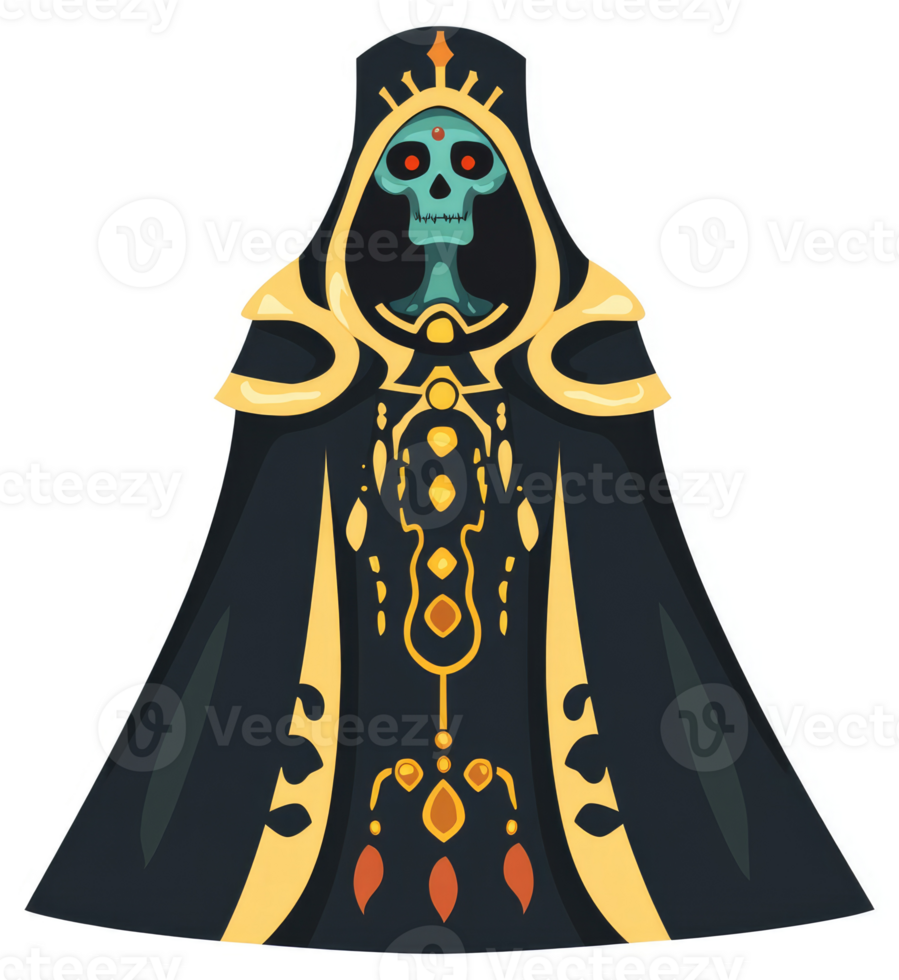 A skeletal figure in a dark, ornate robe with golden embellishments. png
