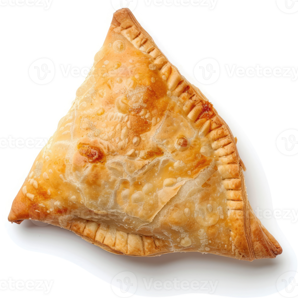 A golden, triangular pastry filled with savory ingredients. png