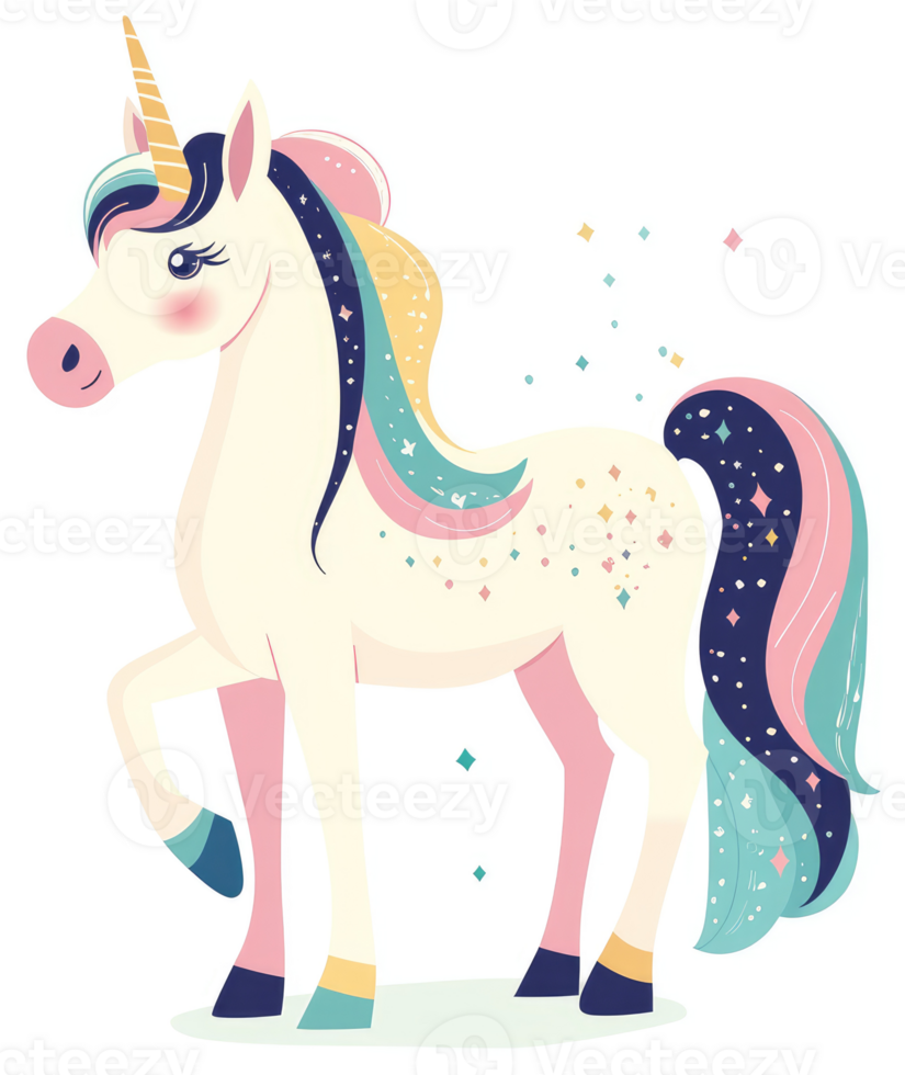 A whimsical illustration of a magical unicorn with colorful mane and tail. png