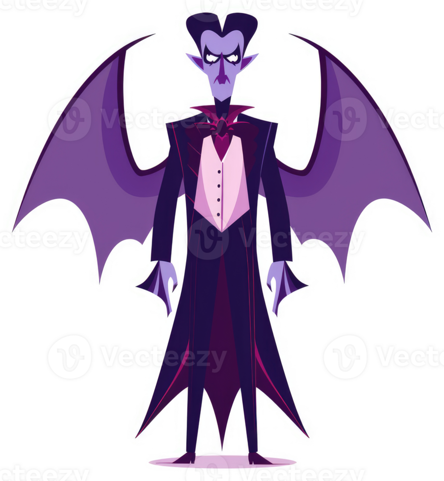 A stylized illustration of a purple vampire in a formal suit. png