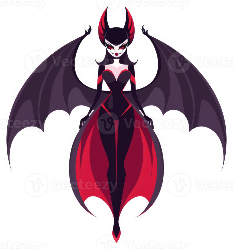 A fierce vampire woman with bat-like wings and a gothic costume. png