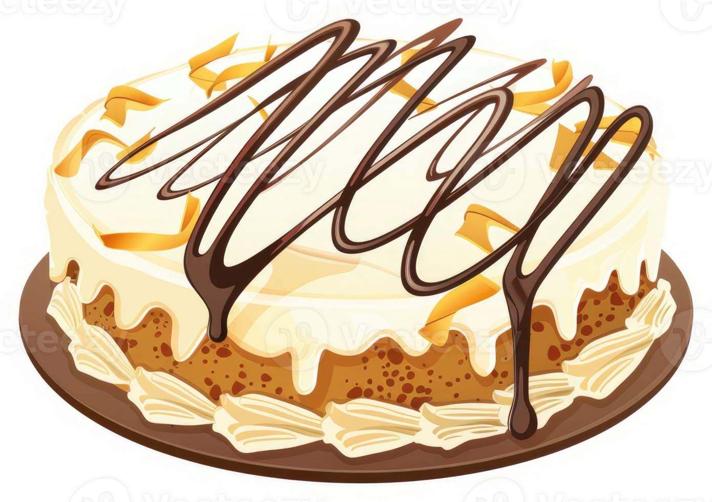 A delicious round cake decorated with chocolate and orange zest. png