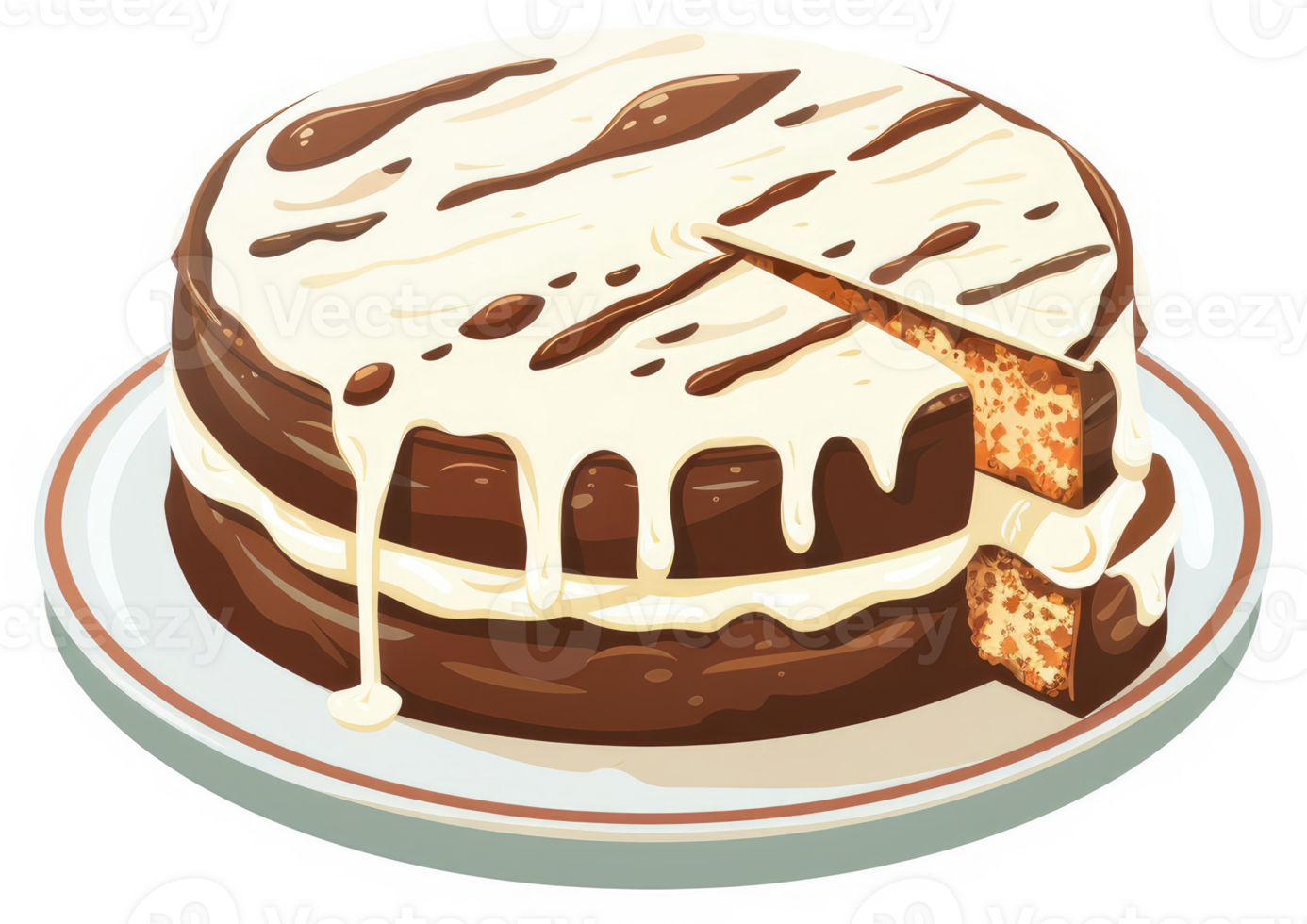 A delicious slice of chocolate cake with white icing. png