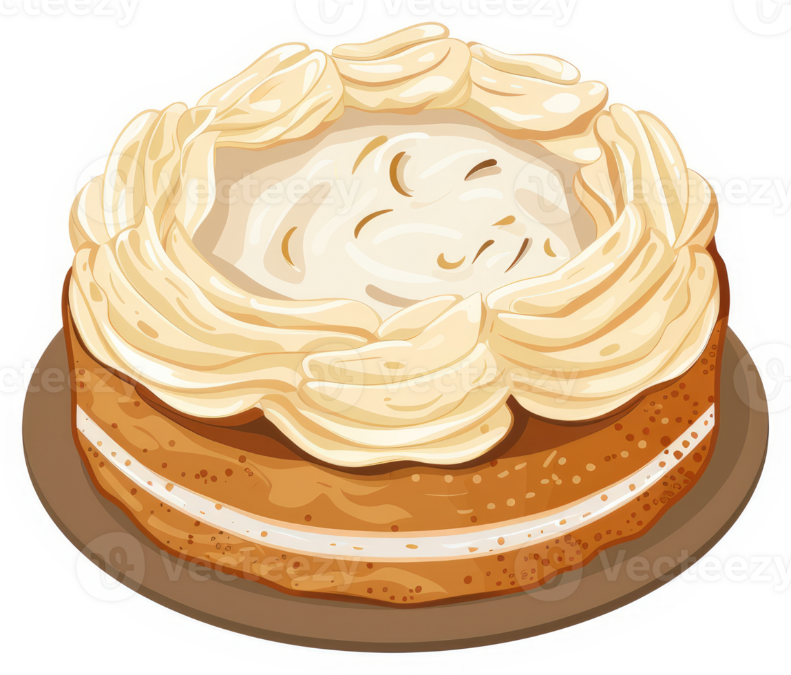 A delectable round cake topped with a fluffy, light-yellow whipped cream design. png