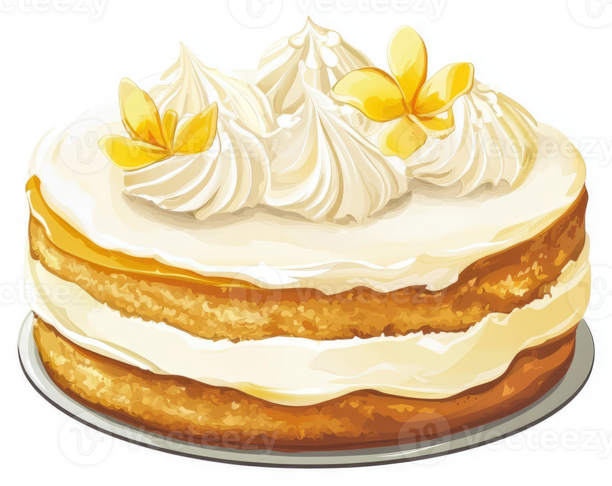 A delicious layered cake with vanilla frosting and plumeria flowers. png