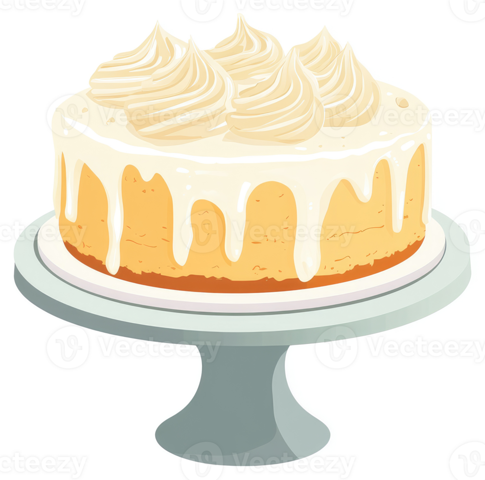 A delicious-looking cheesecake with rich frosting and drizzled icing on a cake stand. png