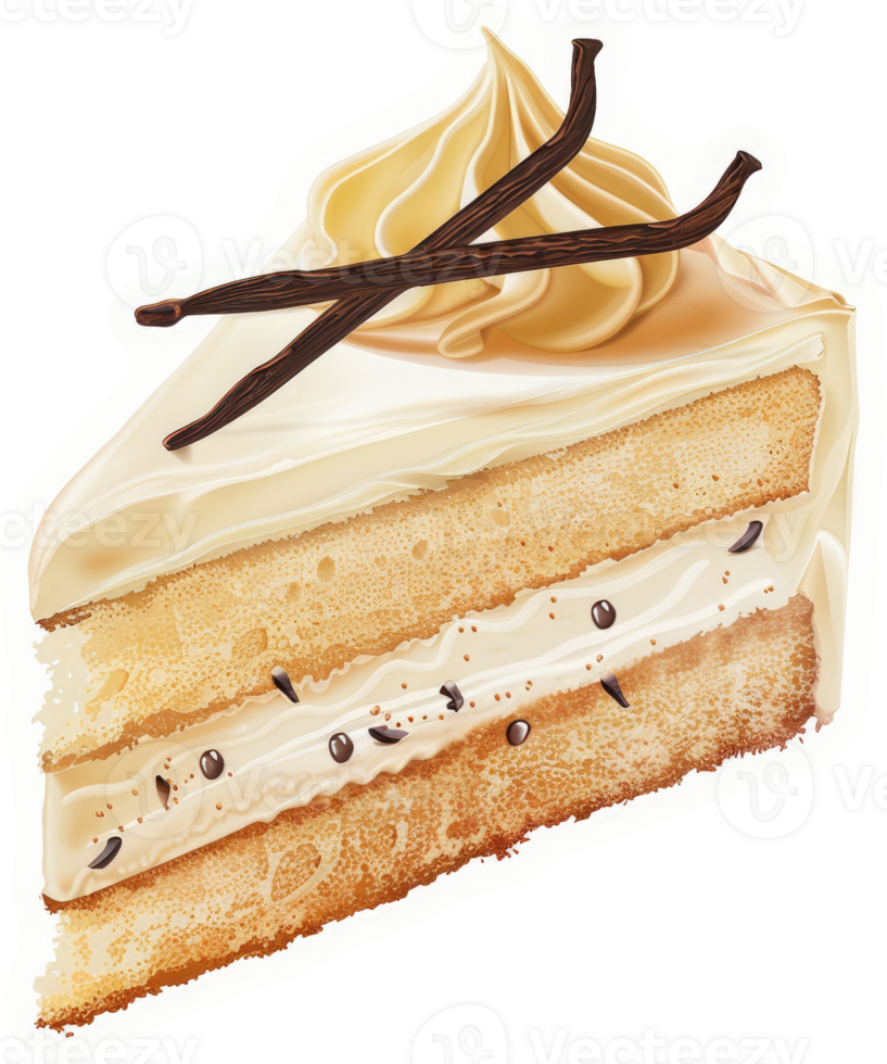 A delectable slice of vanilla cake with creamy frosting and chocolate sprinkles. png