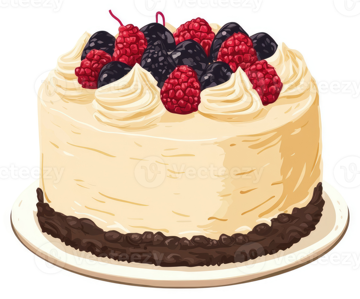 A delicious layered cake adorned with fresh berries and whipped cream. png