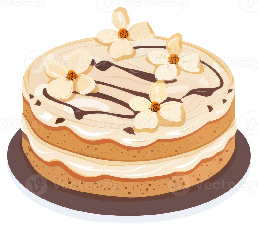 A beautiful floral cake decorated with cream and chocolate drizzle. png