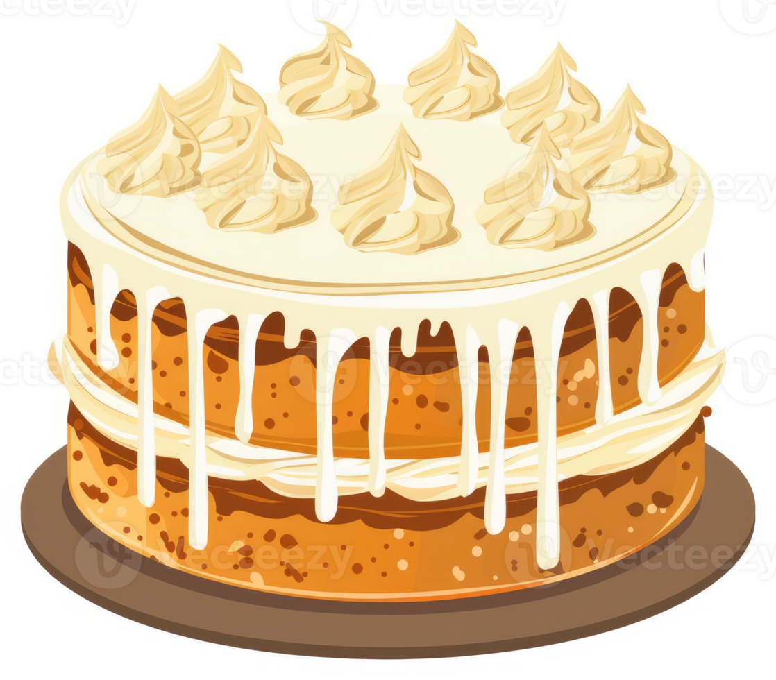 A delectable layered cake adorned with creamy frosting and drizzled icing. png
