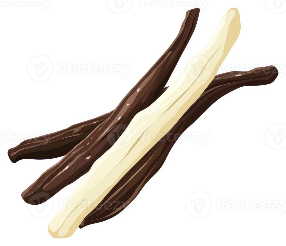 Two vanilla beans, one dark and one light, displayed prominently. png