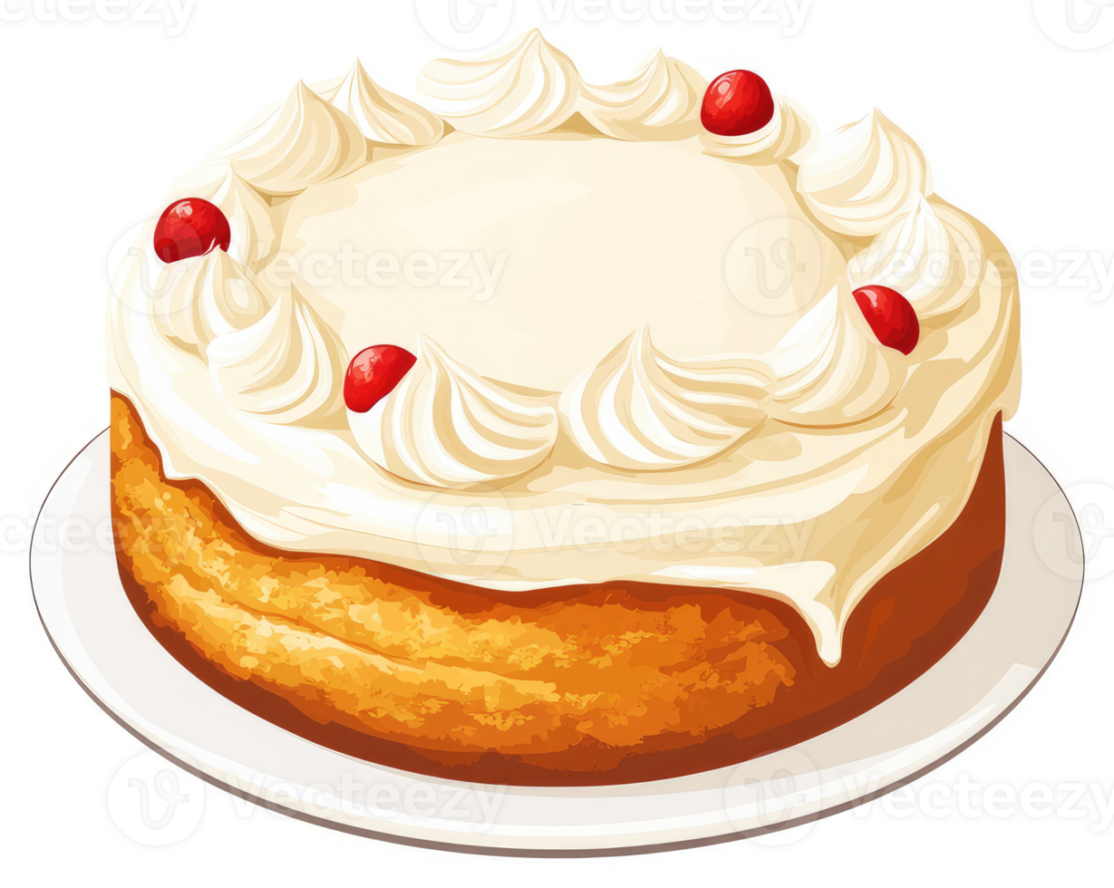 A delectable round cake adorned with creamy frosting and red cherries. png