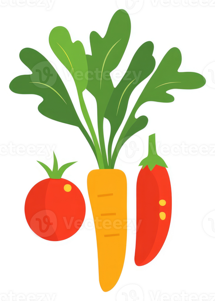 A colorful illustration of a tomato, carrot, and chili pepper with leaves. png