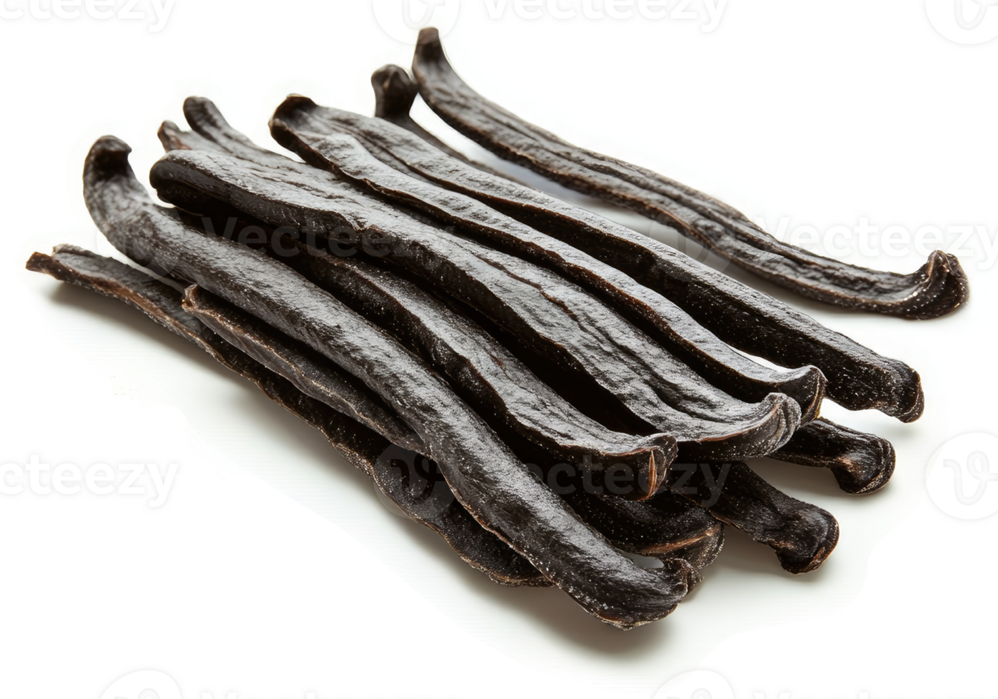 Dried vanilla beans in a close-up presentation. png