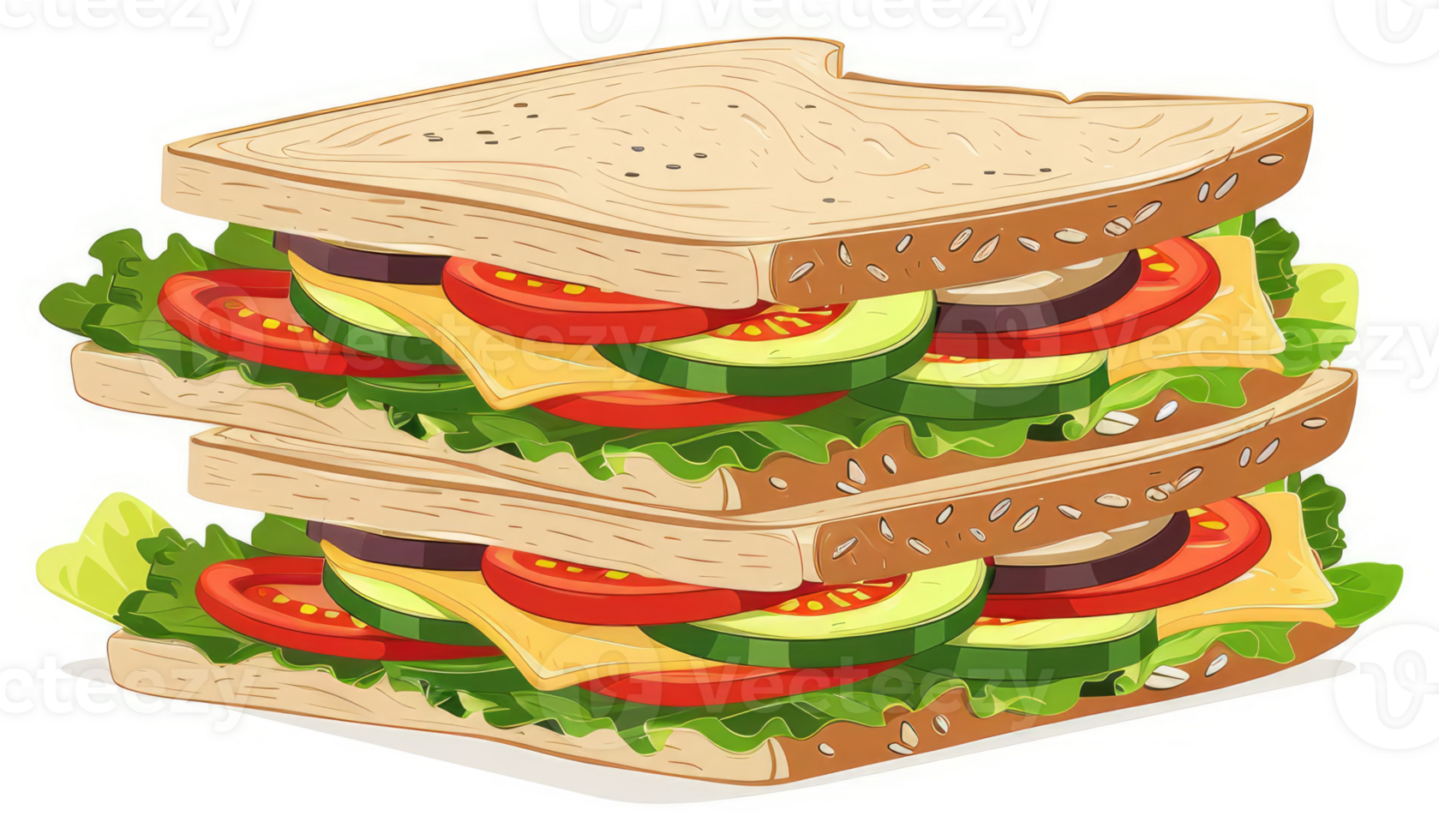 A hearty vegetarian sandwich with sliced tomatoes, cucumber, cheese, and lettuce. png