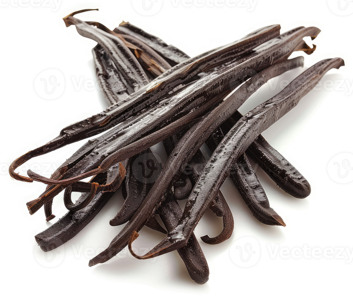 Dried vanilla beans arranged in a cluster. png