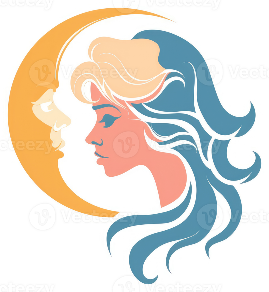 A stylized illustration of a woman and the moon. png