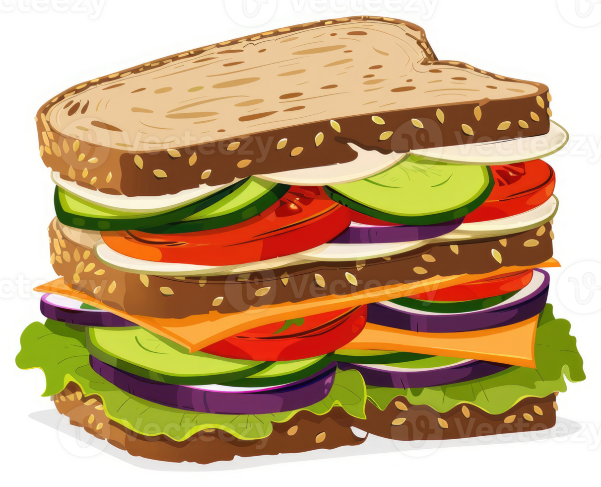 A colorful and layered sandwich filled with vegetables and cheese. png