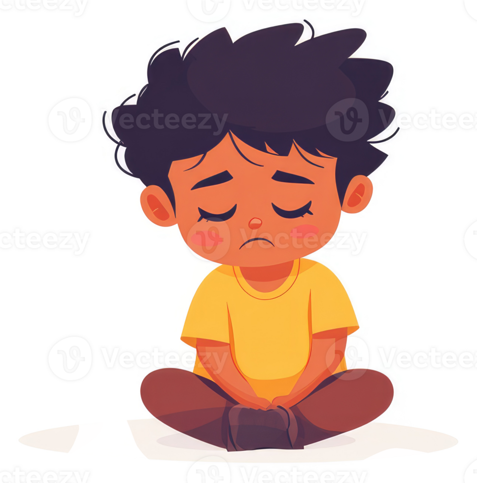 A young boy with a sad expression sits on the floor. png