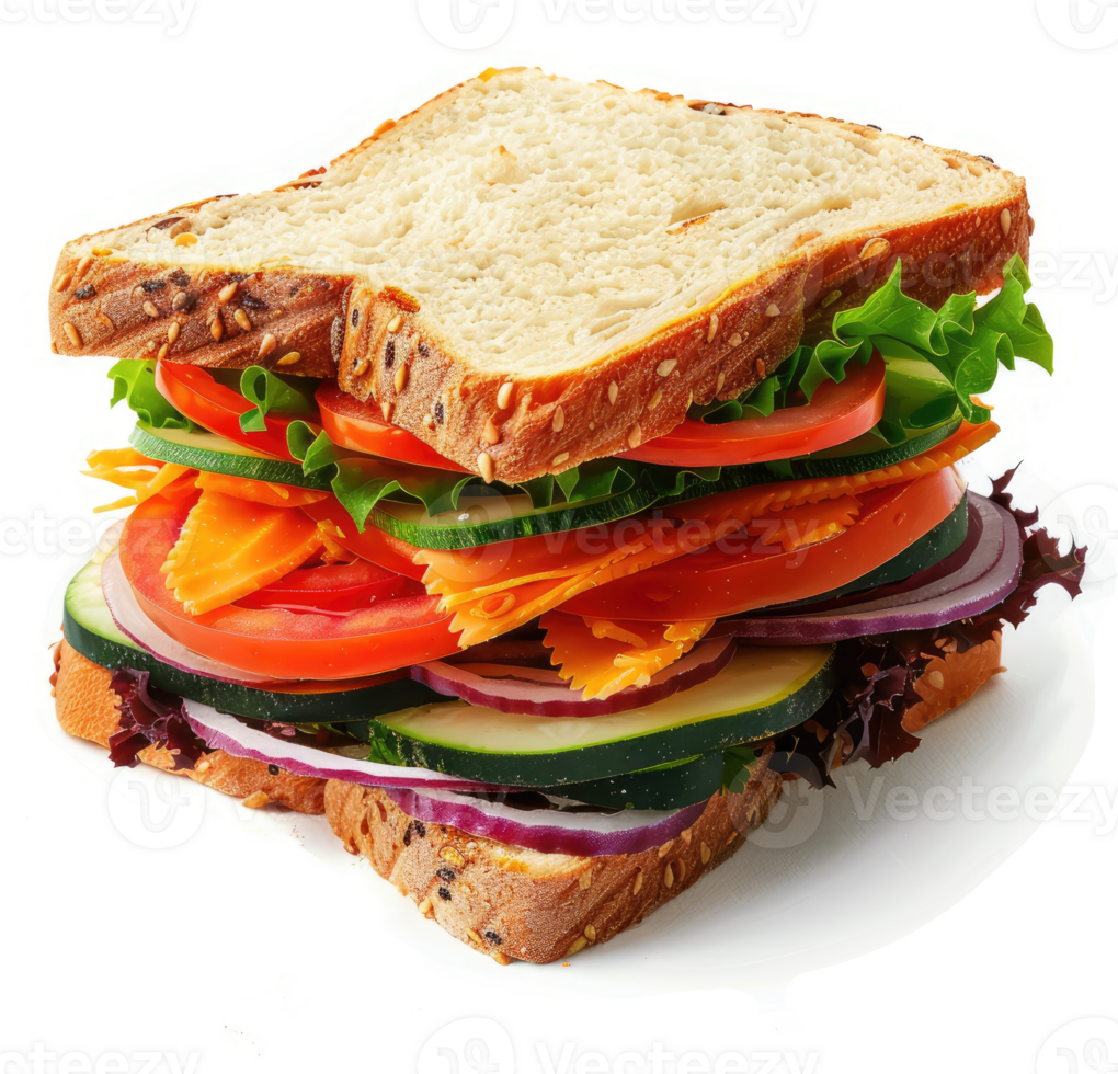 A vibrant layered sandwich with fresh vegetables and cheese. png