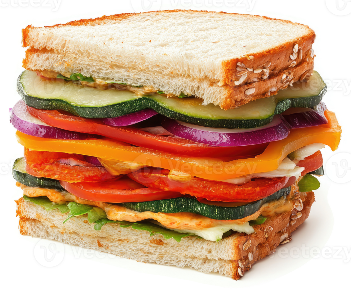 A colorful layered vegetable sandwich with whole grain bread. png