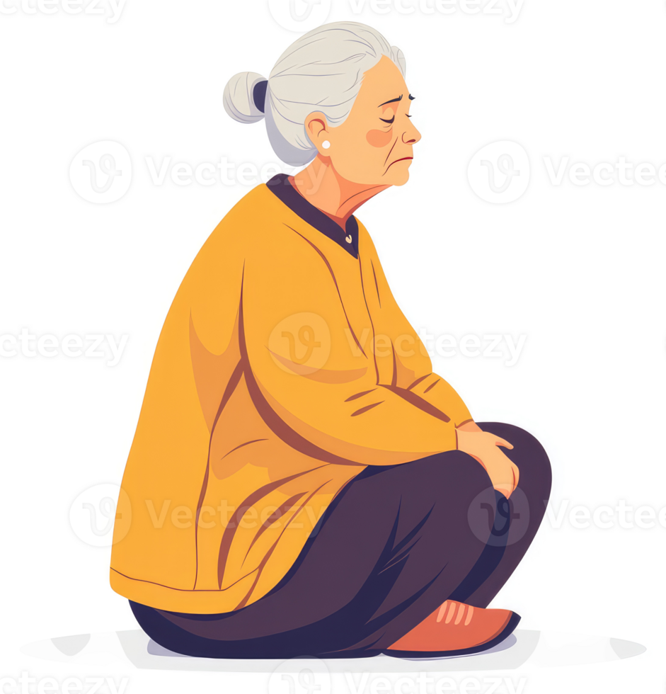 A pensive elderly woman sits in a thoughtful pose. png