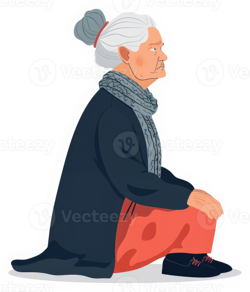A pensive elderly woman in a thoughtful pose. png