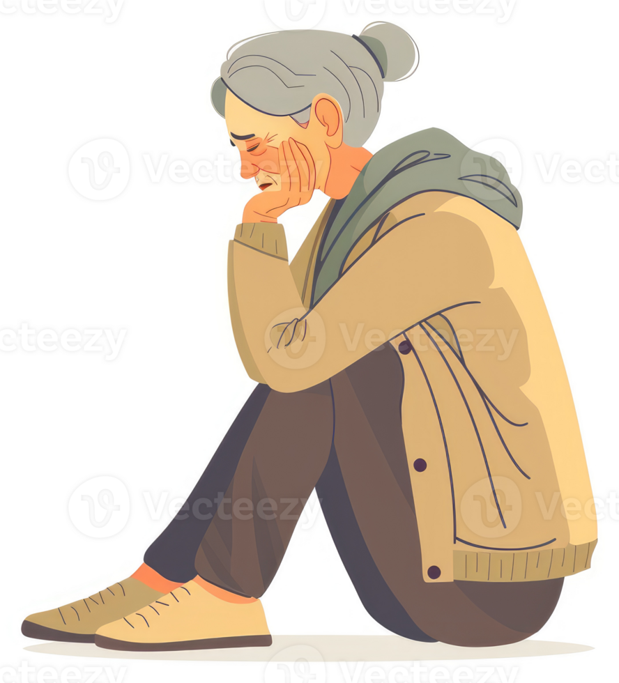 Depressed elderly woman sitting dejectedly, head bowed. png