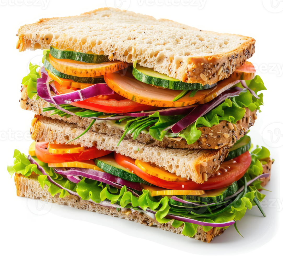 A layered sandwich overflowing with fresh vegetables and lean protein. png