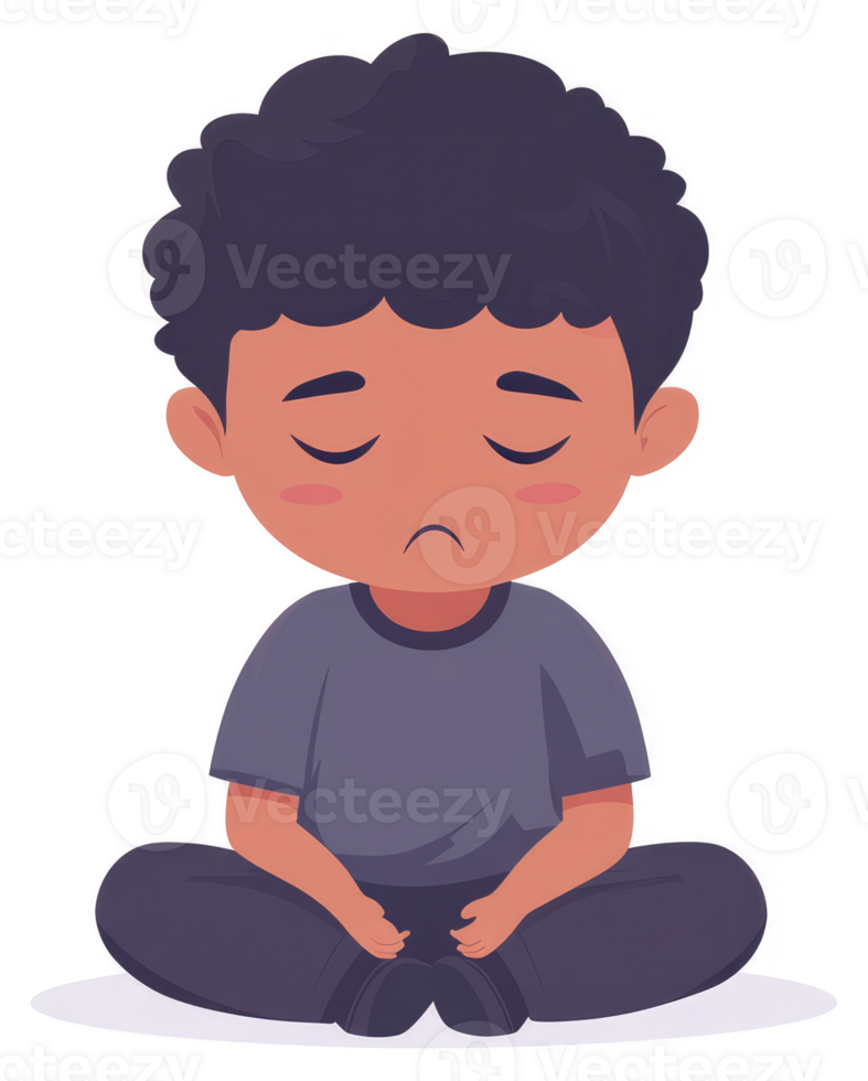 A sad child sits in a meditative pose. png