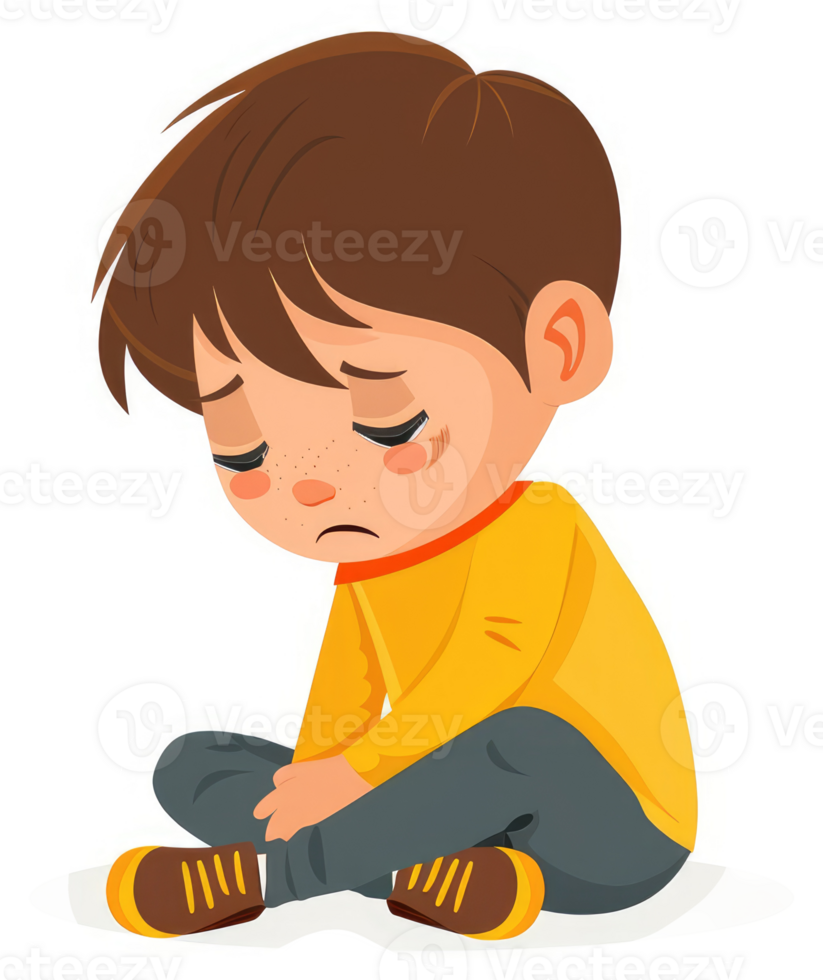 A young boy sits sadly on the floor, tears welling up in his eyes. png